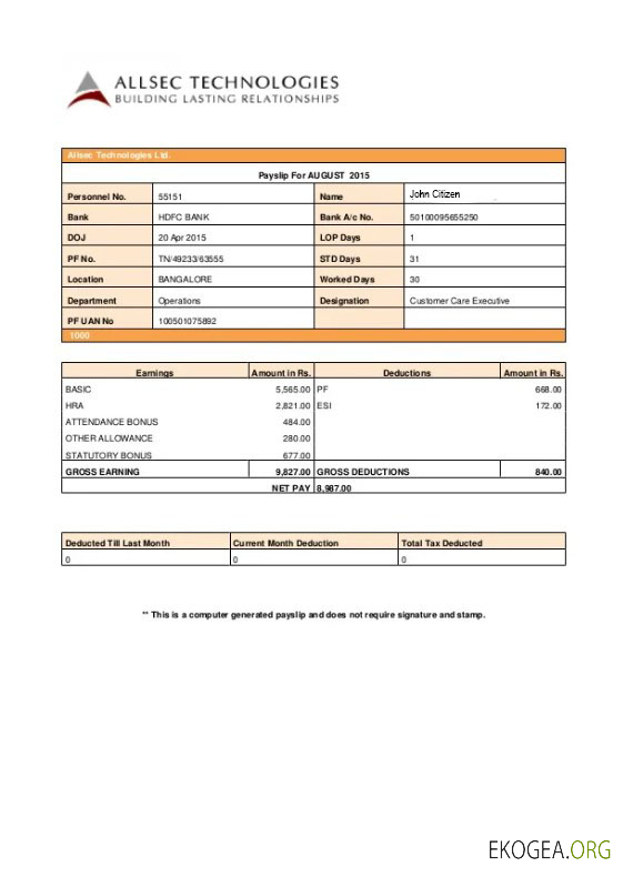 Fiche de paie ALLSEC Building technologies aux formats Word et PDF